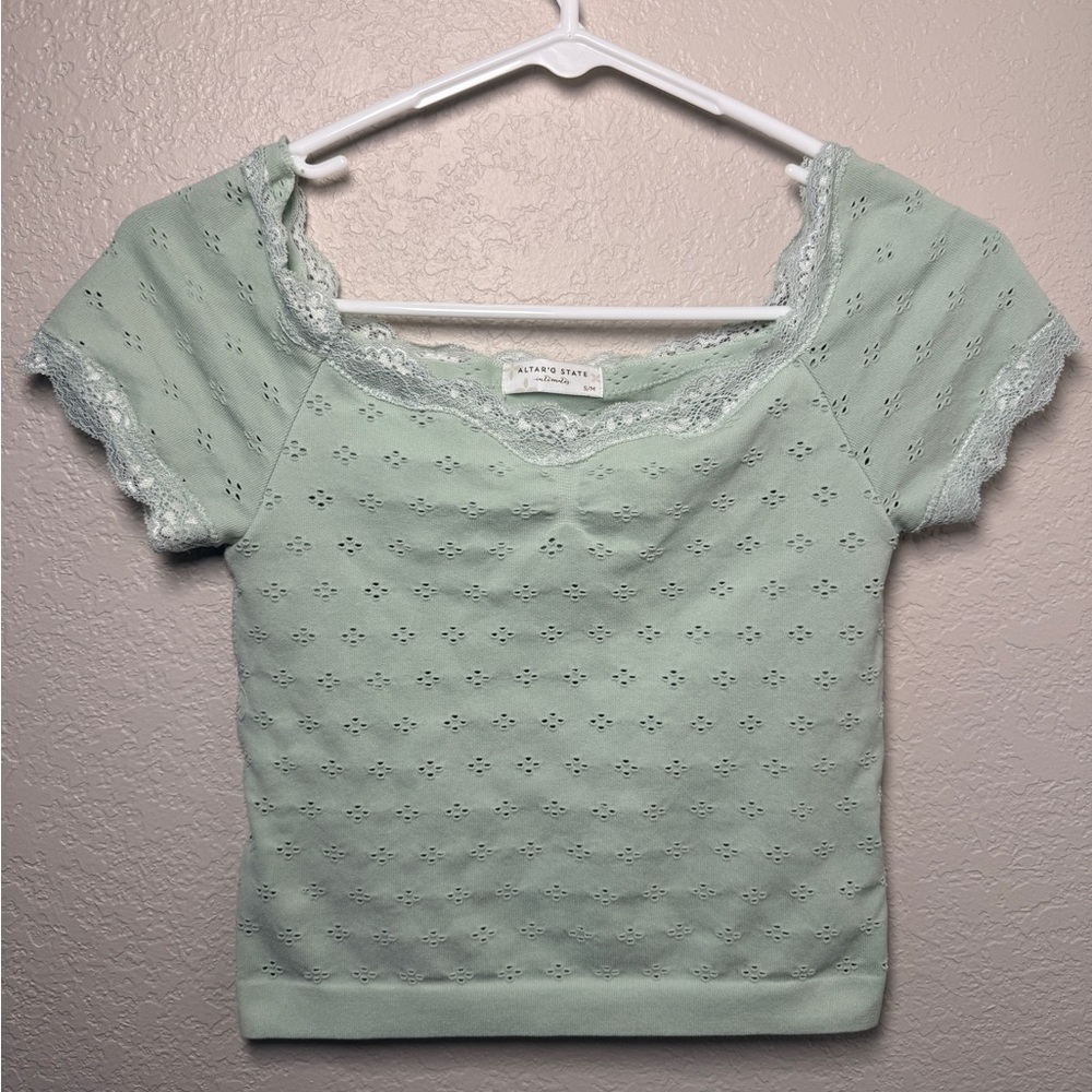 Altar'd State Mint Lace Sleeve Tee